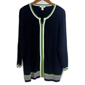 Dressbarn Woman Navy Contrast Striped Full Zip Collegiate Sweater Size 18/20